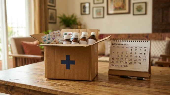 AI Generated Close-up Medicine Box and Calendar
